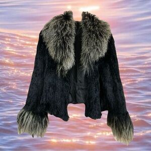 Black Rabbit Fur Jacket w/ Grey & Black Tibetan Sheep Fur - Penny Lane Jacket